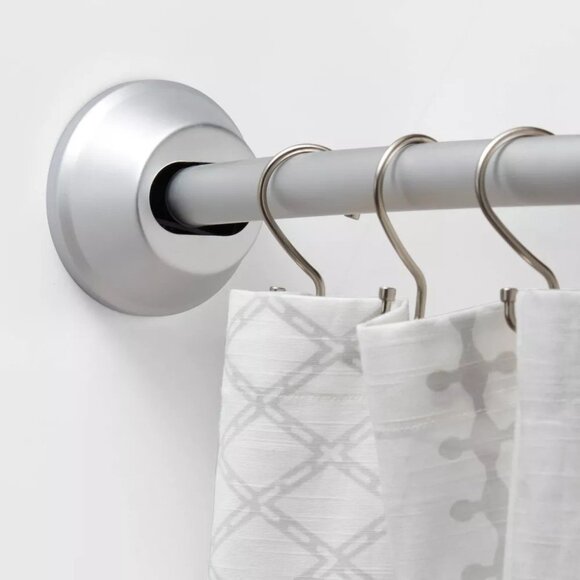 Dual Tension or Wall Mount Curved Silver Tapered End Shower Rod 50" to 72" Long - Picture 1 of 7